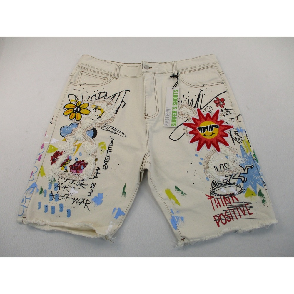 First Row Surfer Shorts Mens 40 Beige Graffiti Print Embroidered Raw Hem Denim